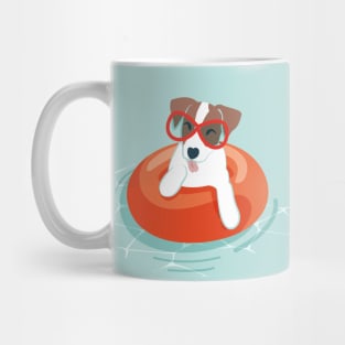 Summer pool pawty // aqua background Jack Russell terrier dog breed in vacation playing on swimming pool Mug